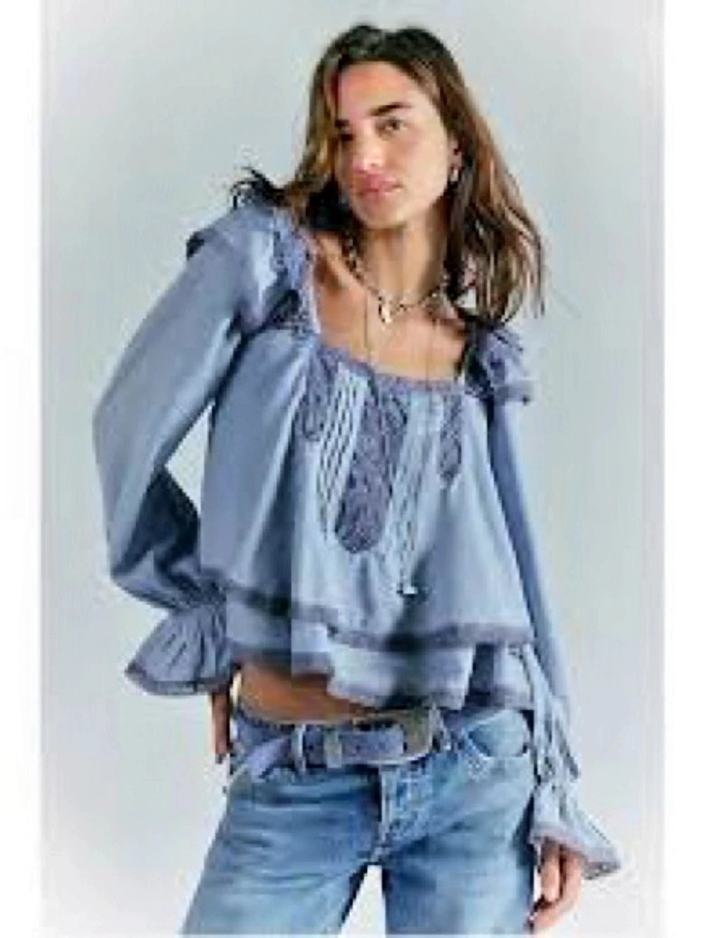 Blue Square Neck Puff Sleeve Blouse Like New
